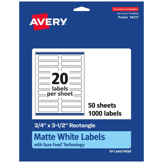 AVERY PRODUCTS CORPORATION 94217-WMP50 Avery Permanent Labels With Sure Feed, 94217-WMP50, Rectangle, 3/4in x 3-1/2in, White, Pack Of 1,000 AVERY PRODUCTS CORPORATION 94217-WMP50 Avery Permanent Labels With Sure Feed, 94217-WMP50, Rectangle, 3/4in x 3-1/2in, White, Pack Of 1,000