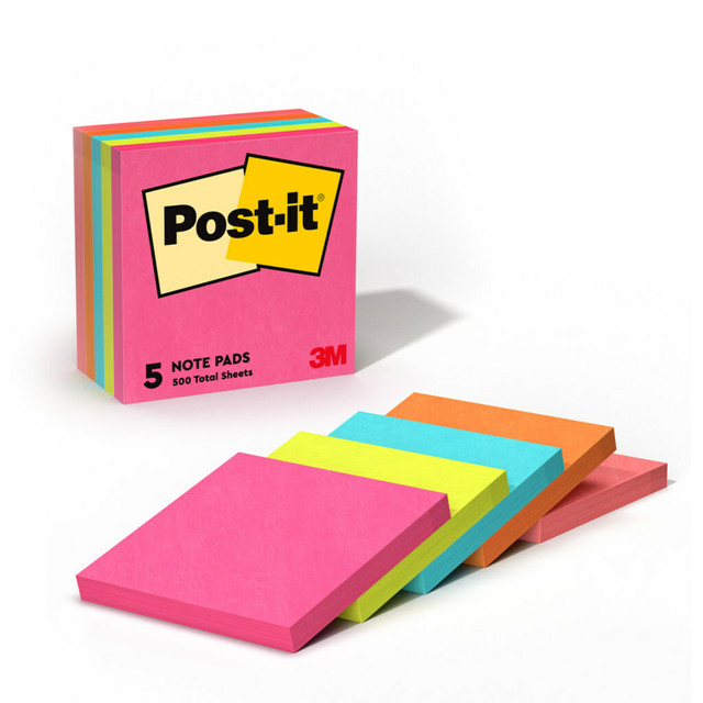 3M CO 654-5PK Post-it Notes, 5 Pads, 3 in x 3 in, Clean Removal, School Supplies and Office Products, Sticky Notes for Vertical Surfaces, Monitors, Walls and Windows, Poptimistic Collection