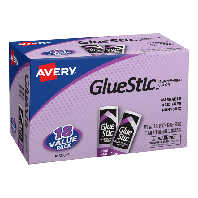 AVERY PRODUCTS CORPORATION 98079 Avery Disappearing Color Permanent Glue Stics, 0.26 Oz., Purple, Pack Of 18 AVERY PRODUCTS CORPORATION 98079 Avery Disappearing Color Permanent Glue Stics, 0.26 Oz., Purple, Pack Of 18