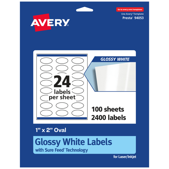 AVERY PRODUCTS CORPORATION 94053-WGP100 Avery Glossy Permanent Labels With Sure Feed, 94053-WGP100, Oval, 1in x 2in, White, Pack Of 2,400 AVERY PRODUCTS CORPORATION 94053-WGP100 Avery Glossy Permanent Labels With Sure Feed, 94053-WGP100, Oval, 1in x 2in, White, Pack Of 2,400