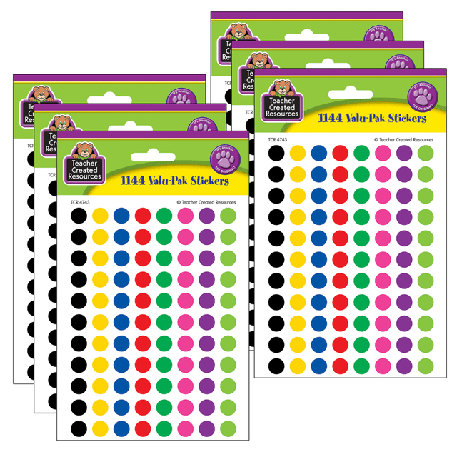 Keep these Teacher Created Resources Mini Stickers in your desk to help celebrate your students. The self-adhesive stickers are small in size, making them a great choice for classroom charts.  Self-adhesive for sure sticking power.  Mini size is great for incentive charts.  Colorful circles are sure to grab attention.