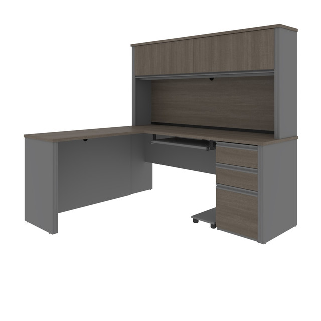 BESTAR INC. 99872-000047 Bestar Prestige + 72inW L-Shaped Corner Desk With Pedestal And Hutch, Bark Gray/Slate BESTAR INC. 99872-000047 Bestar Prestige + 72inW L-Shaped Corner Desk With Pedestal And Hutch, Bark Gray/Slate