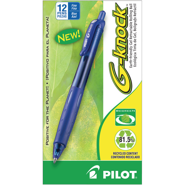 These Pilot gel pens combine smooth-rolling ink with cozy rubber grips to create a one-of-a-kind writing experience. Scribble notes or concoct an impeccable sketch with the fine-point pen design, and then simply retract the tip to stow your pen away without worrying over wear and tear.  Gel ink rolls on smooth every time for a high-quality, smear-proof writing experience.  0.7 mm fine-point pen sizes deliver fine lines with precision.  Rubber grip. A rubberized grip keeps the pen in your hand securely while offering extreme comfort for extended periods of use.  Retractable design. G-Knock BeGreen pens feature a retractable design to keep your tip safe from unnecessary wear and tear.  BeGreen rollerball pens are composed of recycled material and deliver the same high performance and quality as non-recycled pens. They also meet ISO 14001 and 14021 standards.  Comes in a pack of 12 blue-ink pens.  Refillable - designed to be used repeatedly, helping you avoid single-use disposables and potentially save money.  Contains Recycled Content - See Specs for Details.