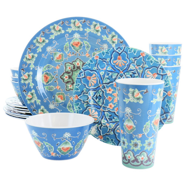 GIBSON OVERSEAS INC. Gibson 995118045M  Laurie Gates Tallulah 16-Piece Round Melamine Dinnerware Set, Blue