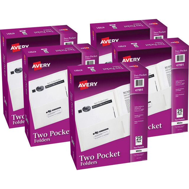 AVERY PRODUCTS CORPORATION 47991CT Avery Letter Pocket Folder - 8 1/2in x 11in - 40 Sheet Capacity - 2 Internal Pocket(s) - Embossed Paper - White - 25Box - 5 / Carton AVERY PRODUCTS CORPORATION 47991CT Avery Letter Pocket Folder - 8 1/2in x 11in - 40 Sheet Capacity - 2 Internal Pocket(s) - Embossed Paper - White - 25Box - 5 / Carton