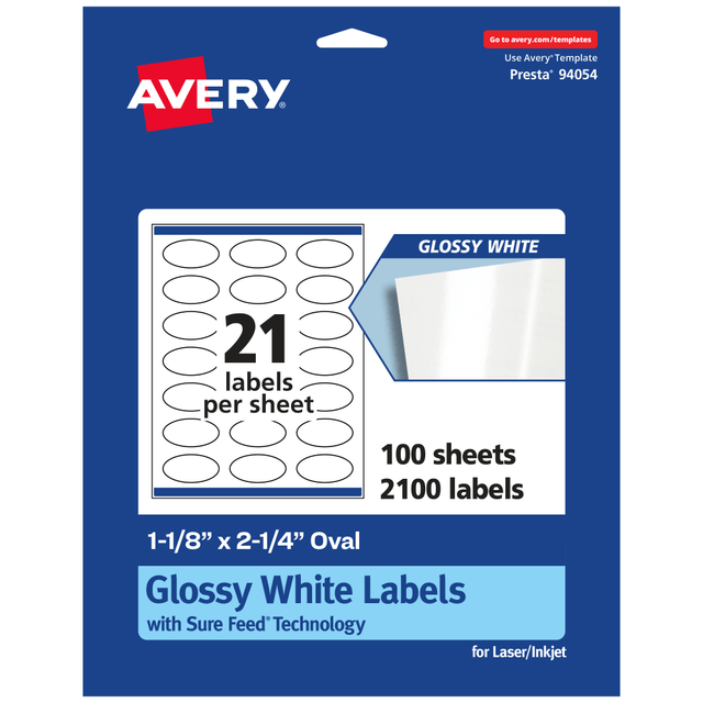 AVERY PRODUCTS CORPORATION 94054-WGP100 Avery Glossy Permanent Labels With Sure Feed, 94054-WGP100, Oval, 1-1/8in x 2-1/4in, White, Pack Of 2,100 AVERY PRODUCTS CORPORATION 94054-WGP100 Avery Glossy Permanent Labels With Sure Feed, 94054-WGP100, Oval, 1-1/8in x 2-1/4in, White, Pack Of 2,100