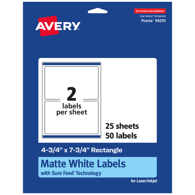 AVERY PRODUCTS CORPORATION 94255-WMP25 Avery Permanent Labels With Sure Feed, 94255-WMP25, Rectangle, 4-3/4in x 7-3/4in, White, Pack Of 50