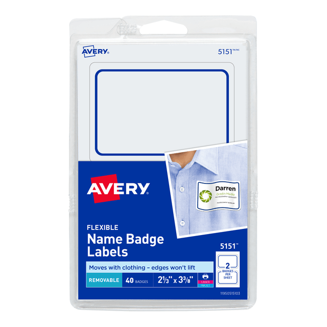 AVERY PRODUCTS CORPORATION Avery 5151  Flexible Name Badge Labels, 2 1/3in x 3 3/8in, White With Blue Border, Pack Of 40