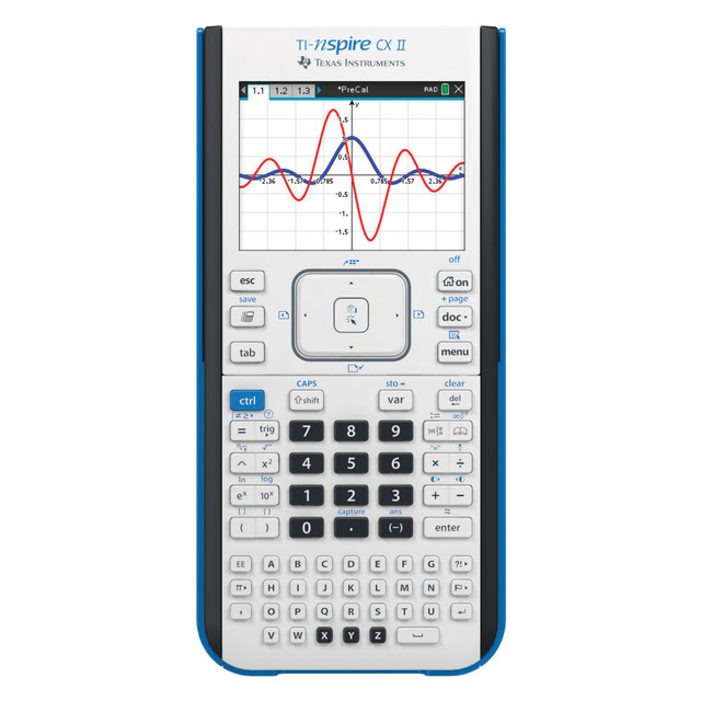 Ideal for math, science and STEM courses, the TI-Nspire color graphing calculator helps middle- and high-school students accurately solve complex problems. A host of interactive features and functions built into the calculator suit a wide range of needs.  The 3.2in screen on the TI-Nspire makes it easy to view your calculations.  90GB memory promotes quick computing.  Offers logic, calculus, forecasting, equation-solving, hyperbolic, logarithm, matrix, statistical and trigonometry functions.  Last-digit erase feature helps make computing simple.  USB-rechargeable battery provides ample power. Battery life of the TI-Nspire calculator will vary depending on the product configuration, product model, applications loaded on the product, power management setting of the product, and the product features used by the customer. As with all batteries, the maximum capacity of this battery will decrease with time and usage.  Backed by the manufacturers 1-year limited warranty.
