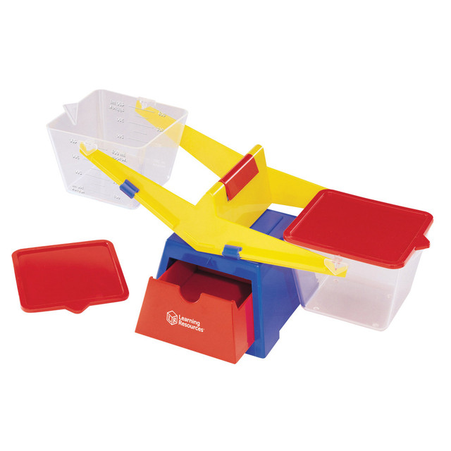 An interesting and fun science lesson  Aids in teaching students how to measure and explore volume.  Helps students learn and compare measurements.  Removable calibrated clear buckets hold solids or 400 ml of liquid.  Features lids that can be used as platforms and a storage drawer for weights.