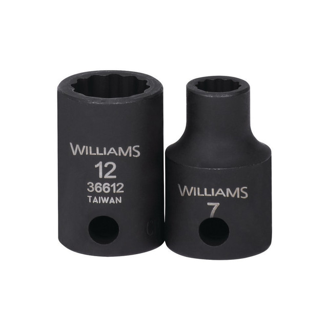 Williams JHW36607 Impact Sockets; Number Of Points: 12 ; Drive Style: Square ; Overall Length (mm): 28.57mm ; Material: Steel ; Finish: Black Oxide ; Insulated: No