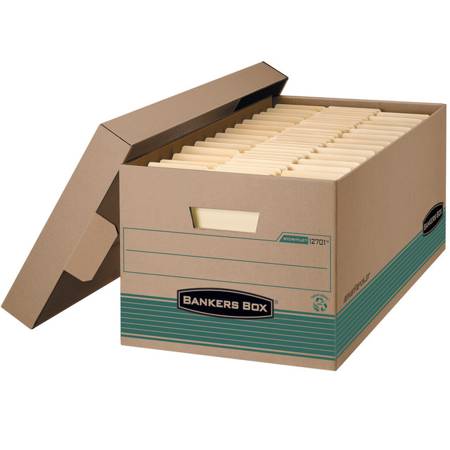 FELLOWES INC. 1270101 Bankers Box Stor/File FastFold Standard-Duty Storage Boxes With Lift-Off Lids, Letter Size, 24in x 12in x 10in, 94% Recycled, Kraft/Green, Case Of 12 FELLOWES INC. 1270101 Bankers Box Stor/File FastFold Standard-Duty Storage Boxes With Lift-Off Lids, Letter Size, 24in x 12in x 10in, 94% Recycled, Kraft/Green, Case Of 12