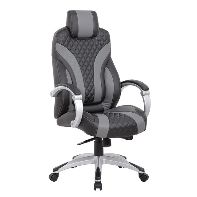 Round out your office space with the Boss Hinged Arm Ergonomic Faux Leather High-Back Executive Chair With Synchro-Tilt. The waterfall seat helps to reduce fatigue on your legs during long periods of sitting. Rolling casters allow you to move around your space with ease.  Ergonomic chair allows for comfort throughout the day.  Recommended for professional use 8-10 hours per day.  Weight capacity tested to support 275 lb.  Overall Dimensions: 48inH x 27inW x 28inD.  High back.  Faux leather upholstery.  Waterfall seat.  Adjustable office chair with seat height, tilt angle and tilt tension adjustments.  Swivel seat.  Padded, hinged armrests.  Dual wheel 2in nylon casters.  Assembly required.  Backed by the manufacturer's 1-year limited warranty.  Antimicrobial is an agent that kills microorganisms or stops their growth.  Faux Leather is a synthetic material. See specs for details.