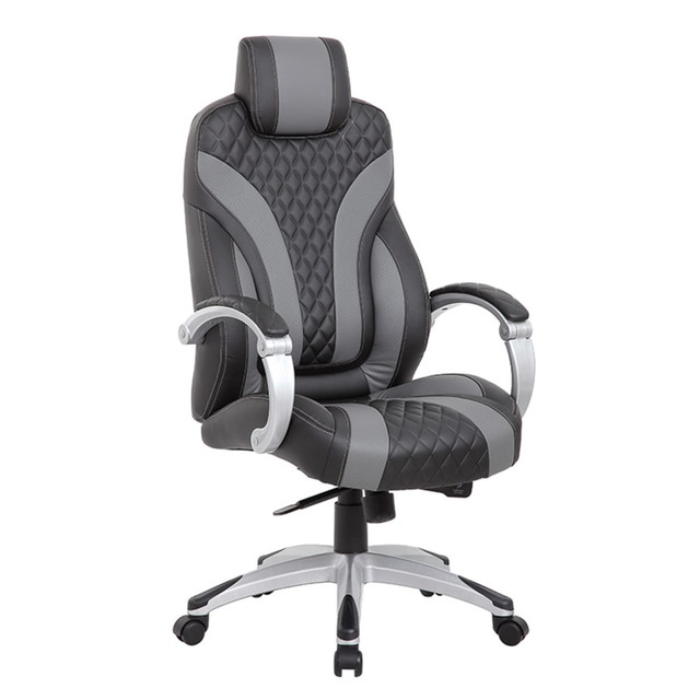 NORSTAR OFFICE PRODUCTS INC. Boss Office Products B8871-BKGY  Hinged Arm Ergonomic Faux Leather High-Back Executive Chair With Synchro-Tilt, Black/Gray