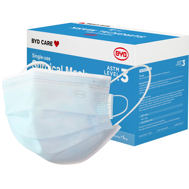 GLOBAL HEALTHCARE PRODUCT SOLUTIONS, LLC FE2311 BYD Care Level 3 Surgical Masks, Adult, One Size, Blue, Box Of 50