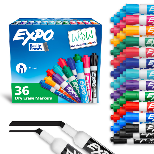 Jot down notes during class, presentations and brainstorming sessions using EXPO Low-Odor markers. The bold color stands out, so everyone can clearly see what you are writing on the board.  Dry-erase ink wipes away with a dry cloth or eraser (sold separately).  Chisel tip lets you make both bold and thin lines.  Ink emits little odor to help prevent irritation.  Ideal for use on whiteboards and most nonporous surfaces.  Chisel tip for broad, medium, or fine lines  Low-odor ink formula erases cleanly and is ideal for classrooms, offices and home offices  For use on whiteboards and most non-porous surfaces  Bold color is easy to erase and easy to see from a distance  Includes: 36 dry erase markers, assorted colors  ACMI Certified AP Nontoxic. For detailed information see www.acmiart.org.  Conforms to ASTM D4236 standards. For detailed information see www.astm.org.  Less harsh chemicals - made with fewer harsh chemicals, or safer chemicals than typical alternatives, helping  reduce your use of and exposure to substances that may be more harmful to your health and the environment.
