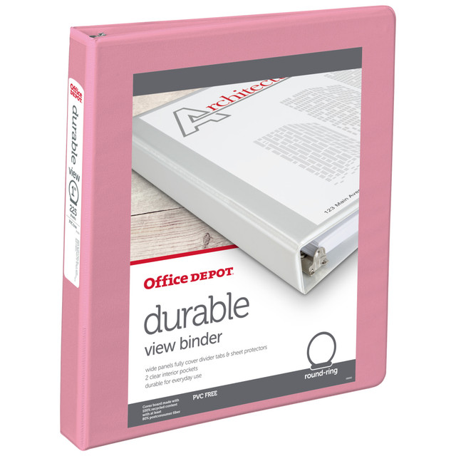 OFFICE DEPOT 81879  Brand 3-Ring Durable View Binder, 1in Round Rings, Pink