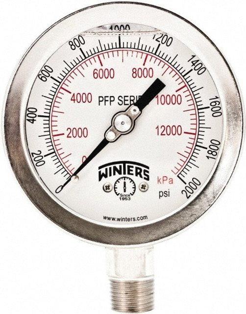 Winters 2302950956SF. Pressure Gauge: 4" Dial, 1/4" Thread, NPT, Bottom Mount