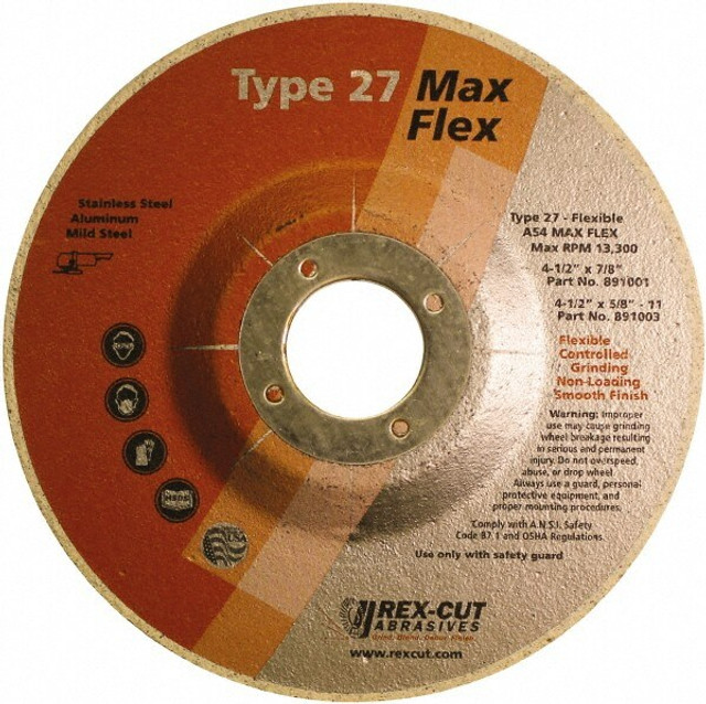 Rex Cut Abrasives 891156 Depressed Center Wheel: Type 27, 4-1/2" Dia, Aluminum Oxide