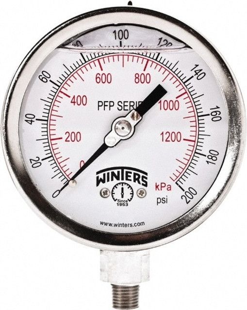 Winters PFP646950954GF. Pressure Gauge: 4" Dial, 1/4" Thread, NPT, Bottom Mount