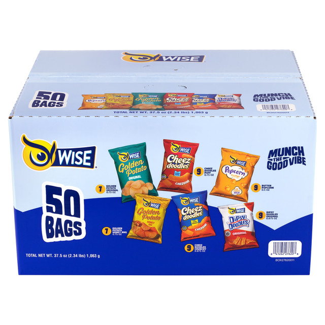 Grab a quick bite to eat with the Wise Foods Grab & Snack Variety Pack. This mix of salty snacks are individually packaged for convenient on-the-go snacking.  Individually packaged for easy snacking.  Includes Honey BBQ potato chips, All-Natural potato chips, Dipsy Doodle corn chips, Puffed Cheez doodles, Crunchy Cheez doodles and popcorn.