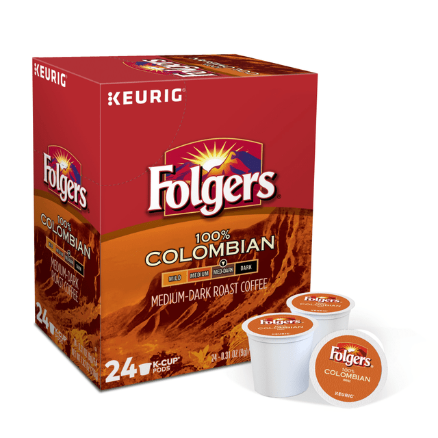 Kick-start your morning with rich, bold coffee. Folgers Gourmet Selections coffee offers the flavors you love in convenient K-Cup Pods.  Begin every day with delightfully flavored and roasted Folgers coffee.  Folgers is not affiliated with Keurig or K-Cup. K-Cup is a registered trademark of Keurig Incorporated.  Folgers Colombian roast is balanced between a light- and medium-roast flavor to suit your preference.  Includes a box of 24 Colombian roast coffee K-Cup Pods.