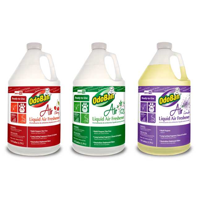 Keep unpleasant aromas at bay by using the OdoBan Professional Series Ready-To-Use Liquid Air Freshener in your facility. The formula helps remove odors in the air and replaces them with a nice, fragrant scent.  Helps remove odors and replaces them with a pleasant scent.  Great for hotels, gyms and locker rooms, schools, offices and more.  Powerful formula works on pet odors, tobacco smoke, must and more.  Large jug for extended use.  Can be diluted for use on hard flooring, upholstery and carpeting.