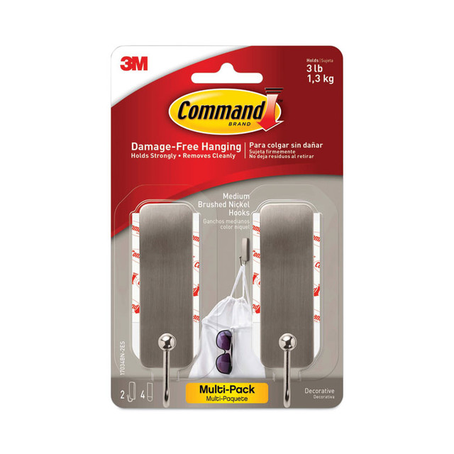 3M/COMMERCIAL TAPE DIV. Command™ 17034BN2ES Decorative Hooks, Medium, Metal, Brushed Nickel, 3 lb Capacity, 2 Hooks and 4 Strips/Pack