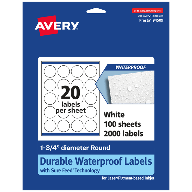 AVERY PRODUCTS CORPORATION 94509-WMF100 Avery Waterproof Permanent Labels With Sure Feed, 94509-WMF100, Round, 1-3/4in Diameter, White, Pack Of 2,000 AVERY PRODUCTS CORPORATION 94509-WMF100 Avery Waterproof Permanent Labels With Sure Feed, 94509-WMF100, Round, 1-3/4in Diameter, White, Pack Of 2,000