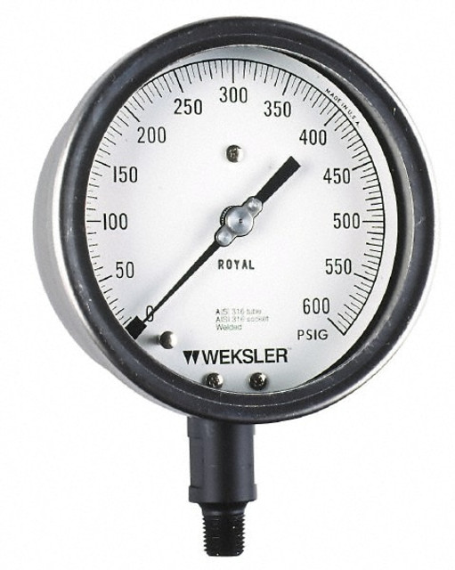 Weksler Instruments BA142VC4LW9 Pressure Gauge: 4-1/2" Dial, 0 psi, 1/4" Thread, NPT, Lower Mount