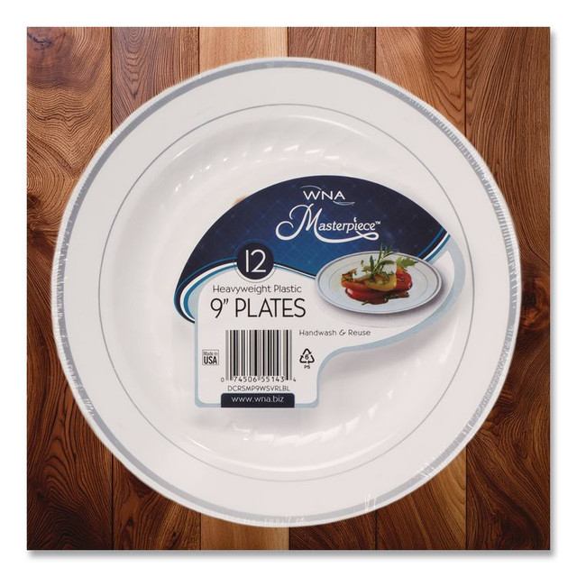WNA, INC. RSM91210WS Masterpiece Plastic Plates, 9" dia, White/Silver, 10/Pack, 12 Packs/Carton