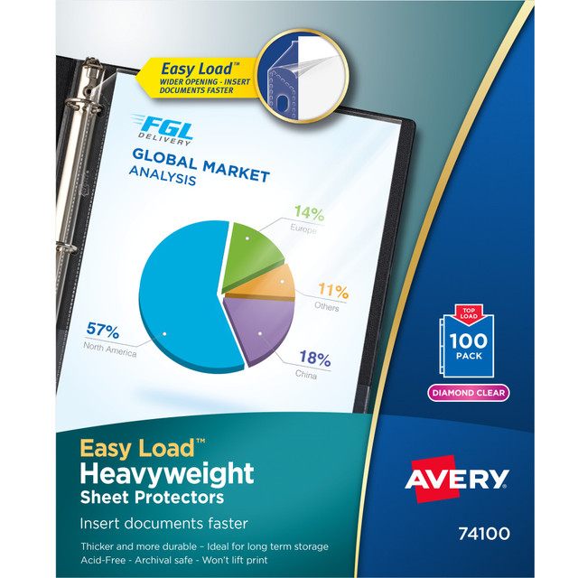 AVERY PRODUCTS CORPORATION 74100 Avery Heavyweight Sheet Protectors With Easy Load, 8-1/2in x 11in, Diamond Clear, 100 Document Protectors AVERY PRODUCTS CORPORATION 74100 Avery Heavyweight Sheet Protectors With Easy Load, 8-1/2in x 11in, Diamond Clear, 100 Document Protectors