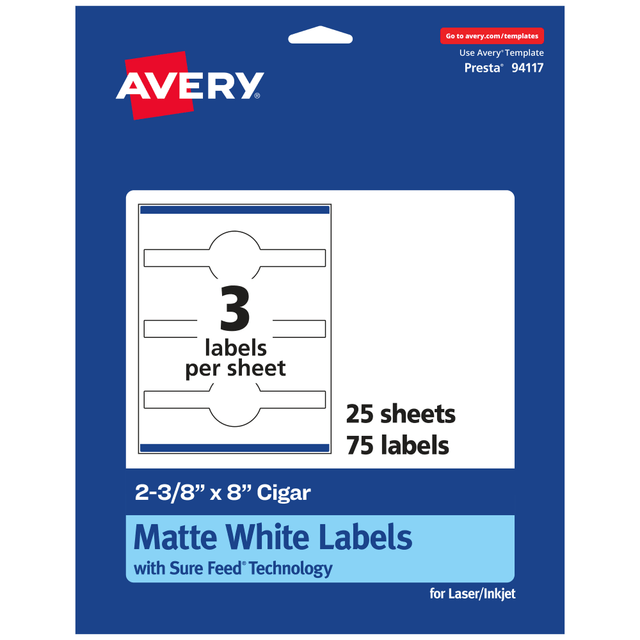AVERY PRODUCTS CORPORATION 94117-WMP25 Avery Permanent Labels With Sure Feed, 94117-WMP25, Cigar, 2-3/8in x 8in, White, Pack Of 75 AVERY PRODUCTS CORPORATION 94117-WMP25 Avery Permanent Labels With Sure Feed, 94117-WMP25, Cigar, 2-3/8in x 8in, White, Pack Of 75