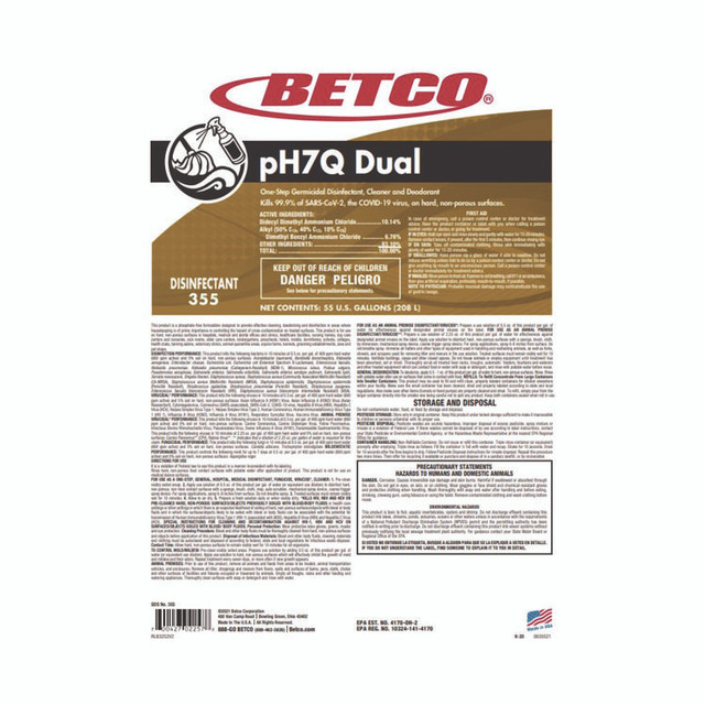 BETCO CORPORATION 3555500 pH7Q Dual Neutral Disinfectant Cleaner, Lemon Scent, 55 gal Drum