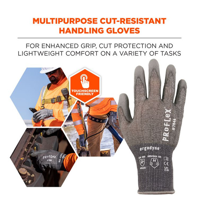 TENACIOUS HOLDINGS, INC. ergodyne® 10491 ProFlex 7044 ANSI A4 PU Coated CR Gloves, EN388: 4X42D, 9" Long, X-Small, Gray, Pair