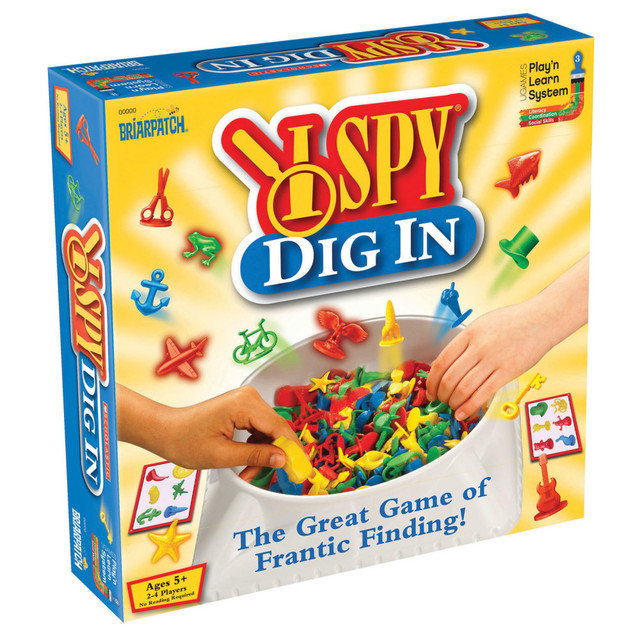 Quickly find objects listed on your cards before your opponents in the University Games Briarpatch I Spy Dig In The Great Game Of Frantic Finding. Players practice their social skills and coordination as they play.  Race to match the images on your cards with objects from the bowl.  Helps kids practice coordination, literacy and social skills.  Designed for 2-4 players.