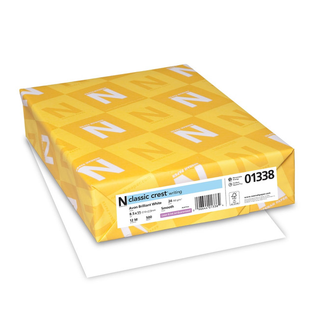 NEENAH PAPER INC 01338 Classic Crest Premium Copy Paper, Letter Size (8 1/2in x 11in), 24 Lb, FSC Certified, Avon Brilliant White, 500 Sheets