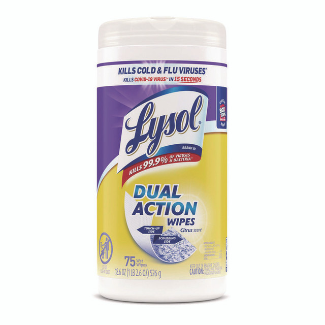 RECKITT BENCKISER LYSOL® Brand 81700CT Dual Action Disinfecting Wipes, 1-Ply, 7 x 7.25, Citrus, White/Purple, 75/Canister, 6 Canisters/Carton