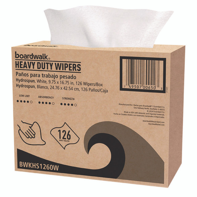 BOARDWALK HS1260W Hydrospun Wipers, 1-Ply, 9.75 x 16.75, White, 126/Box, 10 Boxes/Carton