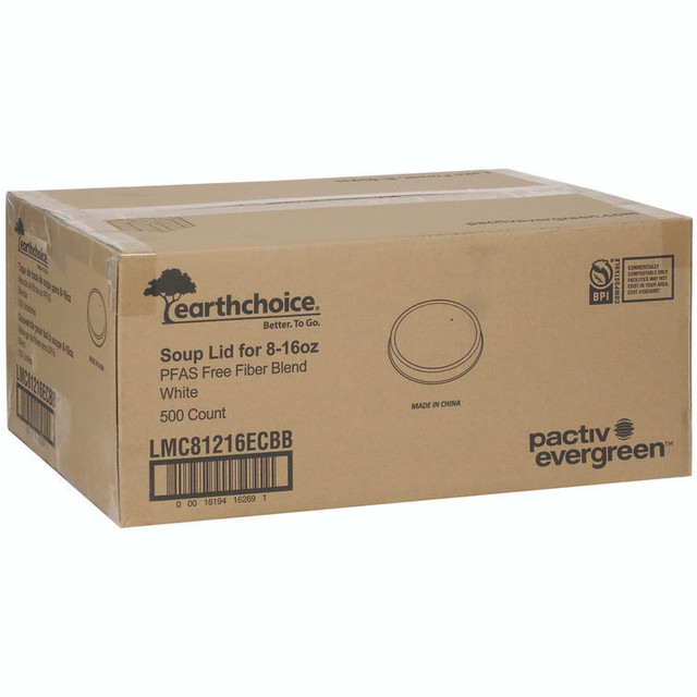 PACTIV EVERGREEN CORPORATION LMC81216ECBB EarthChoice PFAS-Free Compostable Soup Cup Lid, For 8 oz to 16 oz Soup Cups, 4" Diameter, White, Sugarcane, 500/Carton