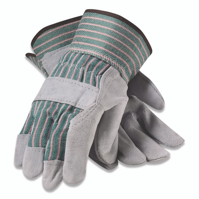 PROTECTIVE INDUSTRIAL PRODUCTS INC PIP 836563XL Bronze Series Leather/Fabric Work Gloves, Gunn Cut, Wing Thumb, X-Large (Size 10), Gray/Green, 12 Pairs