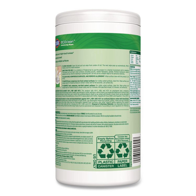 CLOROX SALES CO. 60605EA CloroxPro EcoClean Disinfecting Wipes, 1-Ply, 8 x 7, Unscented, White, 75 Count