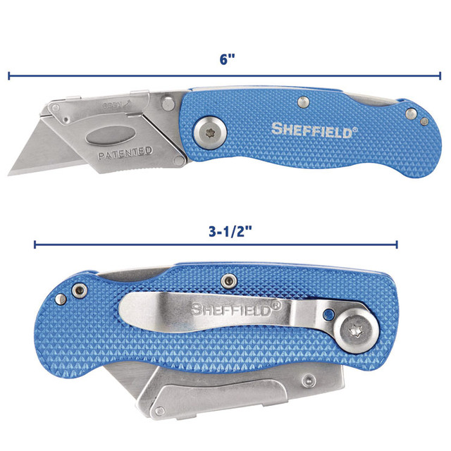 GREAT NECK SAW MFG. 12113 Sheffield Folding Lockback Knife, 1 Utility Blade, 2" Blade, 3.5" Aluminum Handle, Blue