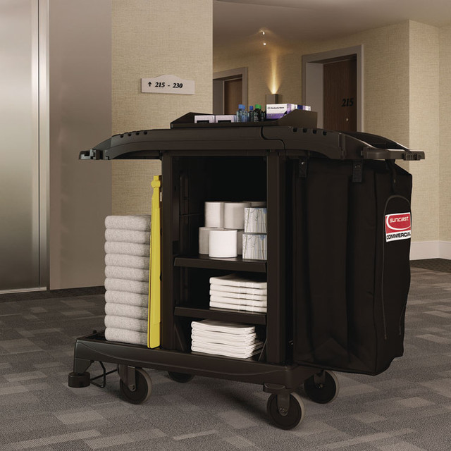 SUNCAST CORPORATION Commercial® HKCCT100 Compact Standard Housekeeping Cart, Plastic, 1 Shelf, 23.25" x 53.18" x 46.57", Black