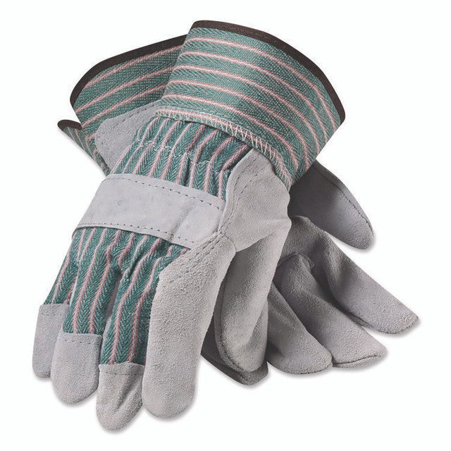 PROTECTIVE INDUSTRIAL PRODUCTS INC PIP 836563S Bronze Series Leather/Fabric Work Gloves, Gunn Cut, Wing Thumb, Small (Size 7), Gray/Green, 12 Pairs
