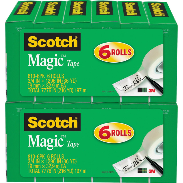 3M CO 8106PKBD Scotch Magic Tape, 0.75in x 108ft, Clear, Pack Of 12 Rolls