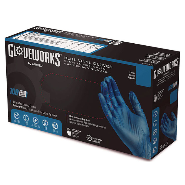 AMMEX CORPORATION GloveWorks® by IVBPF48100 Industrial Vinyl Gloves, Powder-Free, X-Large, 3 mil Thick, 9.5" Long, Blue, 100/Box, 10 Boxes/Carton