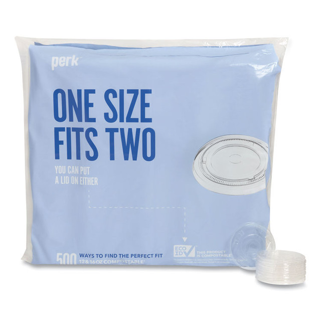 PERK 24394125 Compostable Straw Slot Plastic Cold Cup Lids, Fits 12 oz/16 oz Cold Cups, Clear, 500/Pack