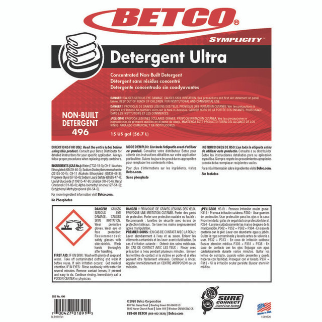 BETCO CORPORATION 4967700 Symplicity Detergent Ultra, Pleasant, 15 gal Drum
