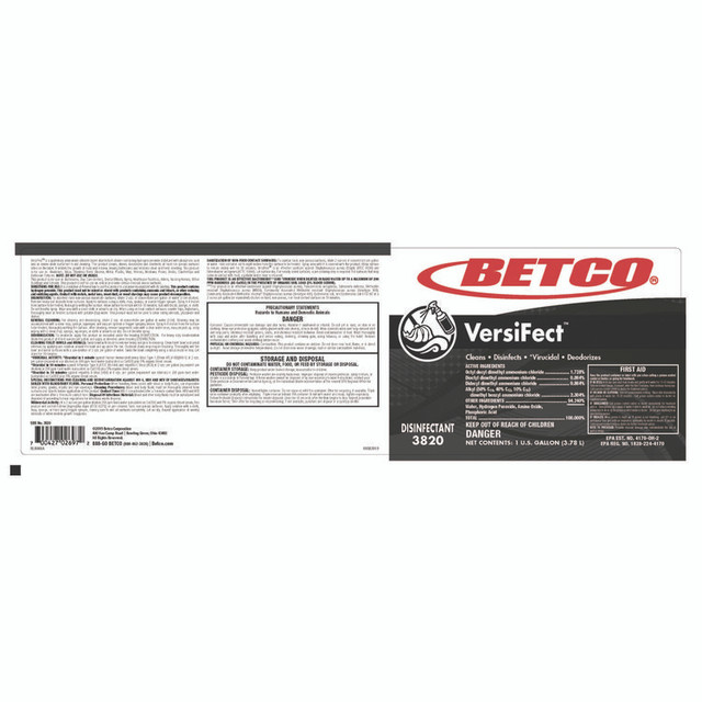 BETCO CORPORATION 38200400 VersiFect Cleaner Disinfectant, Fresh Scent, 1 gal Bottle, 4/Carton